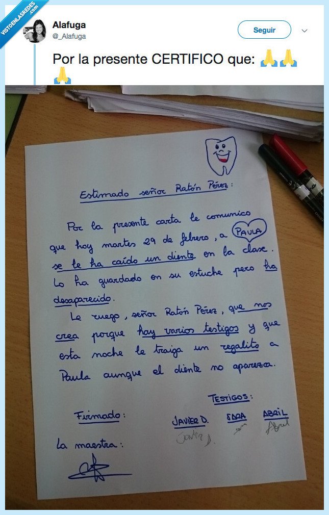 508672 - Comparte la carta que le ha dejado al Ratón Perez porque a un alumno se le ha caído un diente, por @_Alafuga