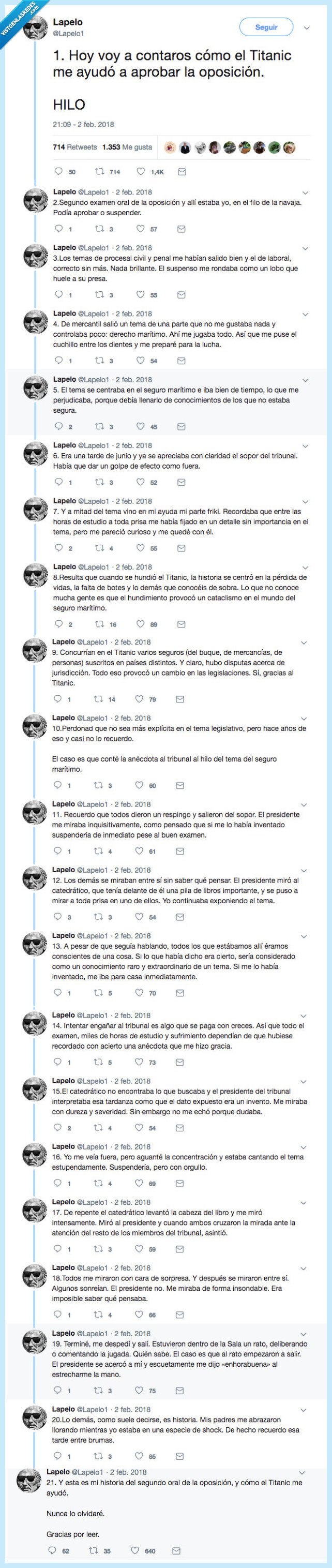 508746 - Cuenta como el Titanic estuvo apunto de hundirle (guiño-codazo)  su oposición de jurista, por @LaPelo1