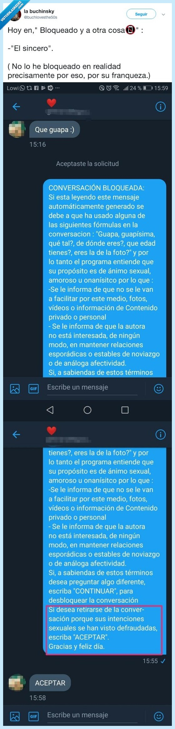 sinceridad,bloqueado,bloqueo,ligar,mensaje,guapa,fake,bot,respuesta