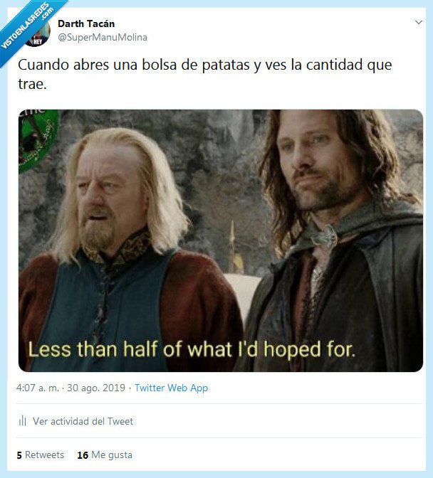 bolsa,patatas,vacía,el señor de los anillos,aragorn