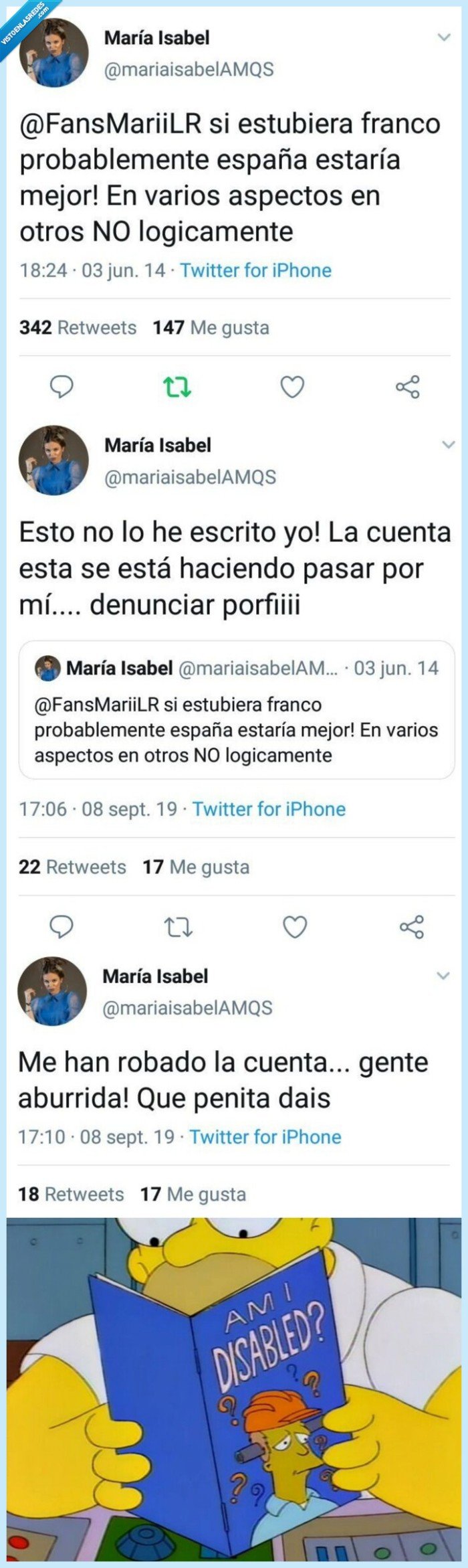 526464 - Salen a la luz tweets pro-franquistas de María Isabel, la de antes muerta que sencilla, y ella lo niega todo