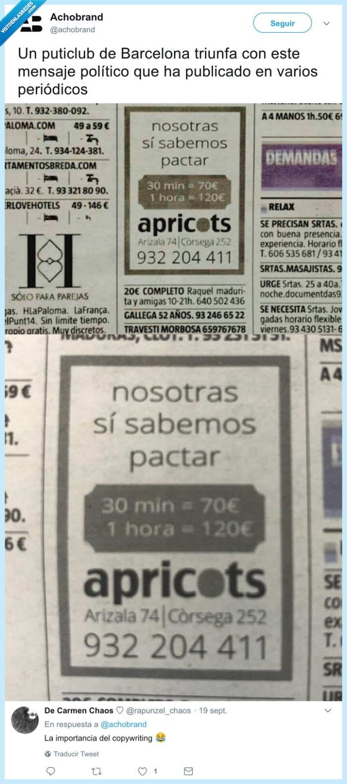 528316 - Aplausos por el mensaje político en la publicidad de un club de alterne de Barcelona