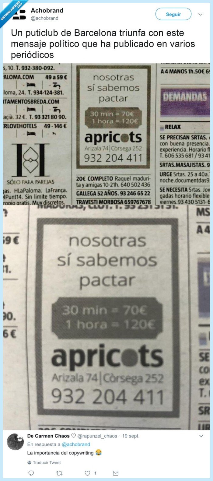 528316 - Aplausos por el mensaje político en la publicidad de un club de alterne de Barcelona