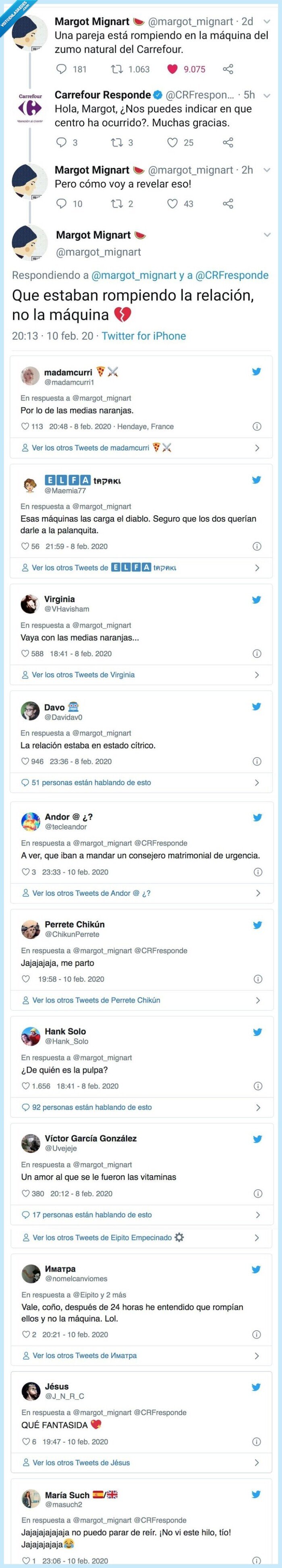 carrefour,máquina,zumo,romper,pareja