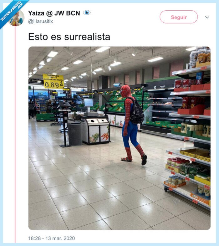spiderman,cuarentena,supermercado,coronavirus