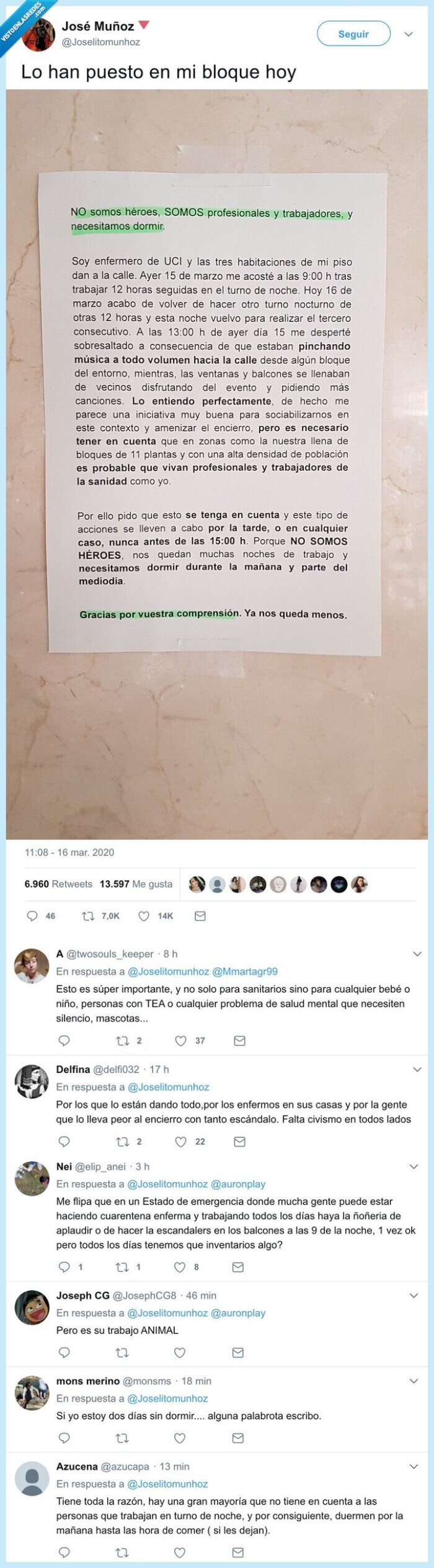 544057 - La nota de un enfermero de la UCI a sus vecinos sobre las celebraciones en casa, por @Joselitomunhoz