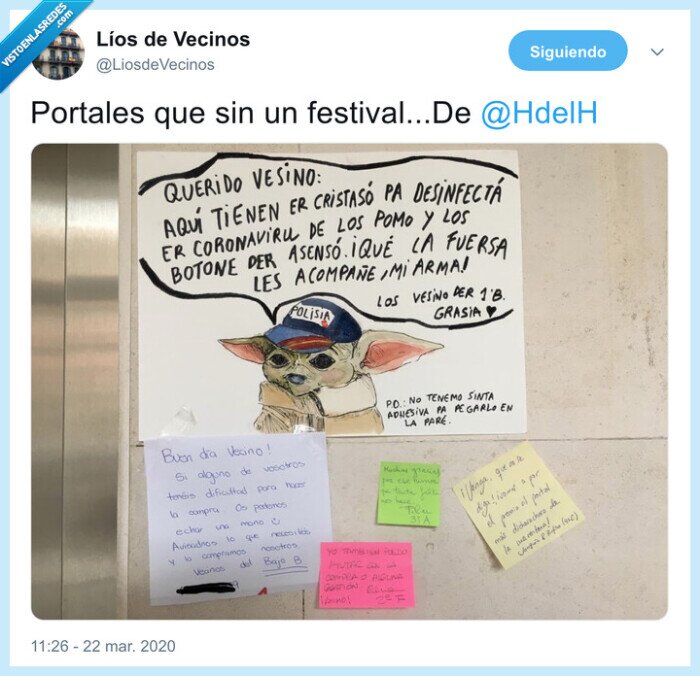 baby yoda,cartel,coronavirus,vecinos,comunidad