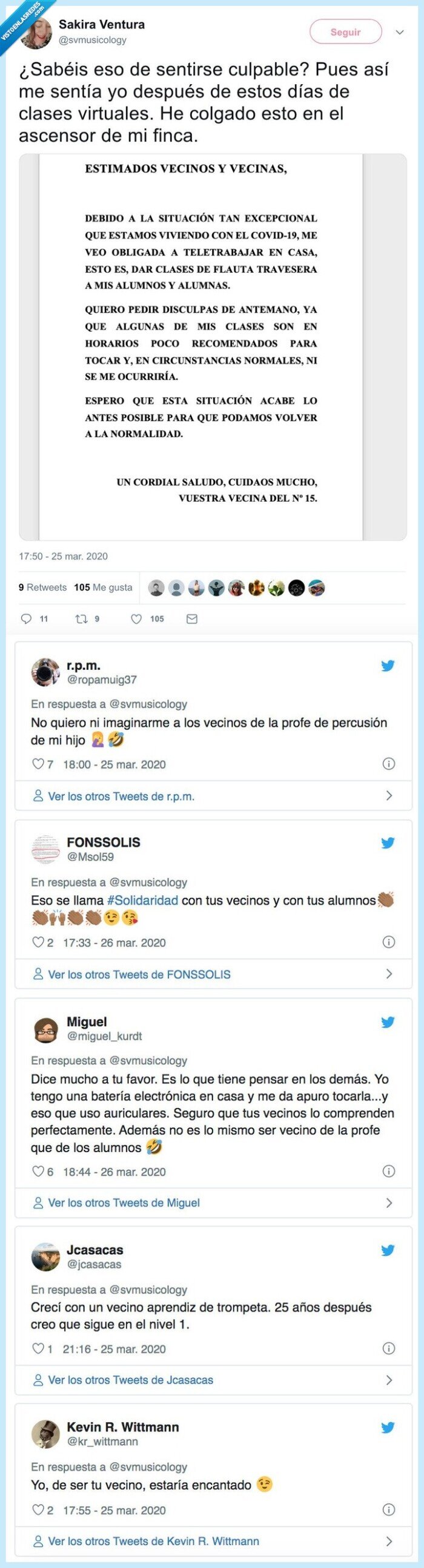 profesora,teletrabajo,flauta,coronavirus,molestar,vecinos