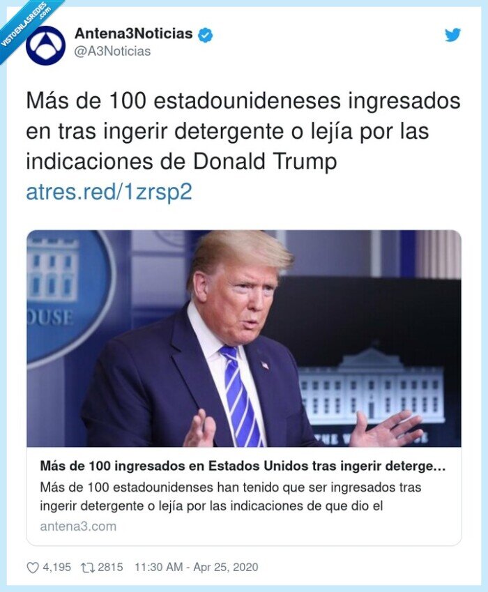 estadounidenses,indicaciones,ingresados,detergente,ingerir,lejía,donald trump