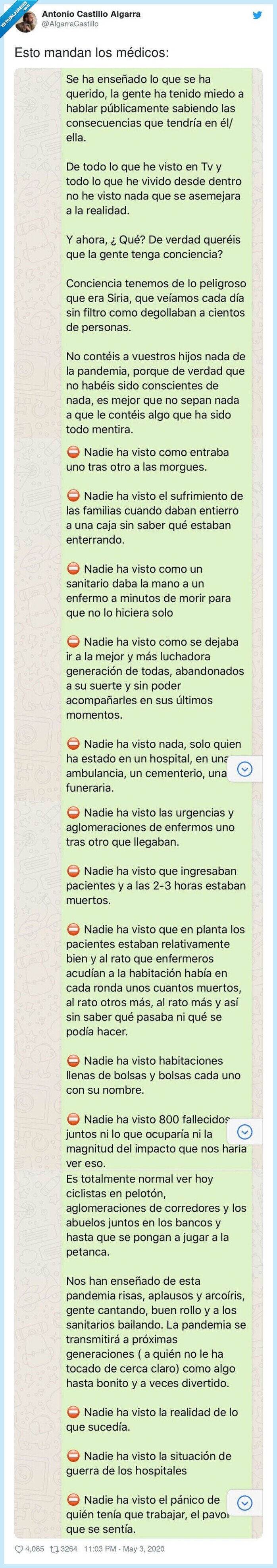 571649 - El texto que mandan los médicos por Whatsapp y que nos da un hostiazo de realidad, por @AlgarraCastillo