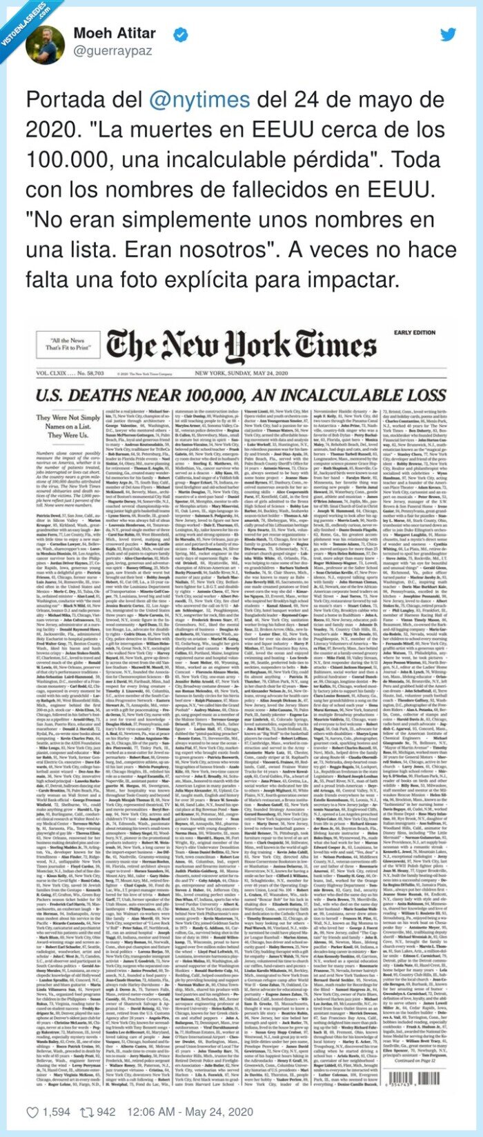 portada,ny times,fallecidos,explícita,pérdida,coronavirus,usa,euu