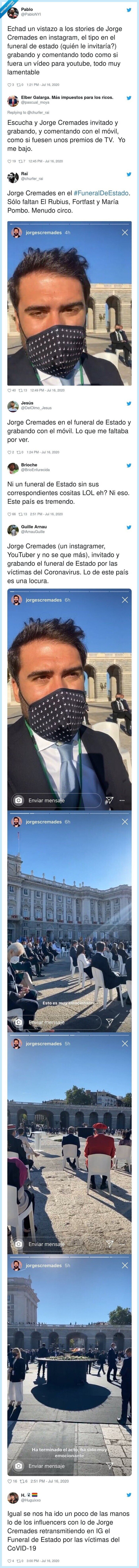 631607 - Indignación e incredulidad con Jorge Cremades: le invitan al funeral de estado por las víctimas del coronavirus y se pone a grabar stories