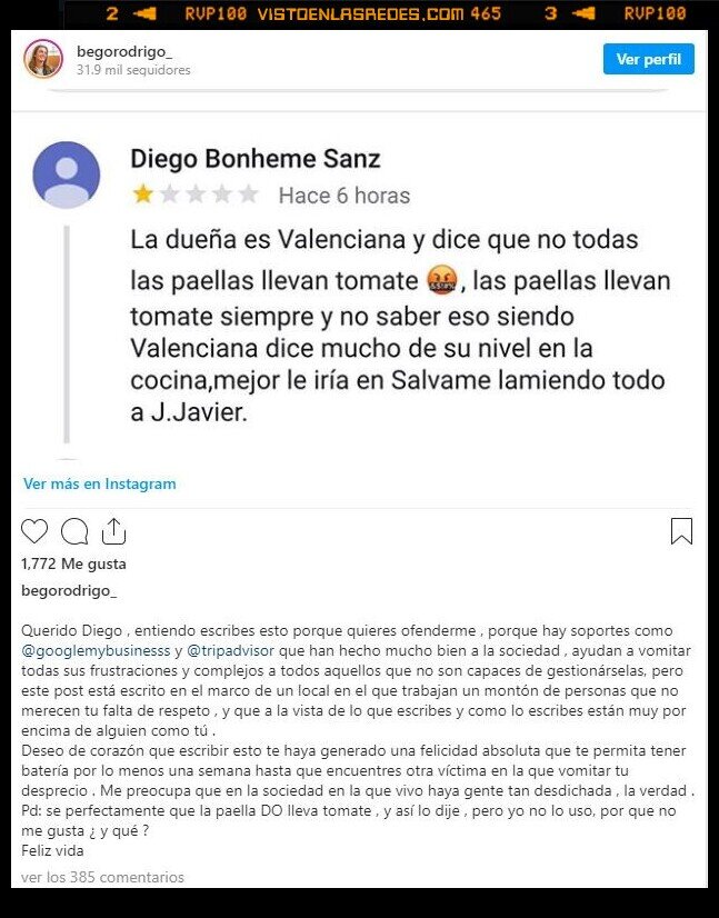 crítica,chef,respuesta,begoña,rodrigo,reseña