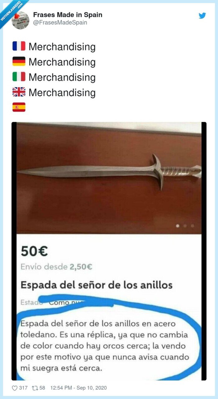 merchandising,espada,señor de los anillos,wallapop,mujer