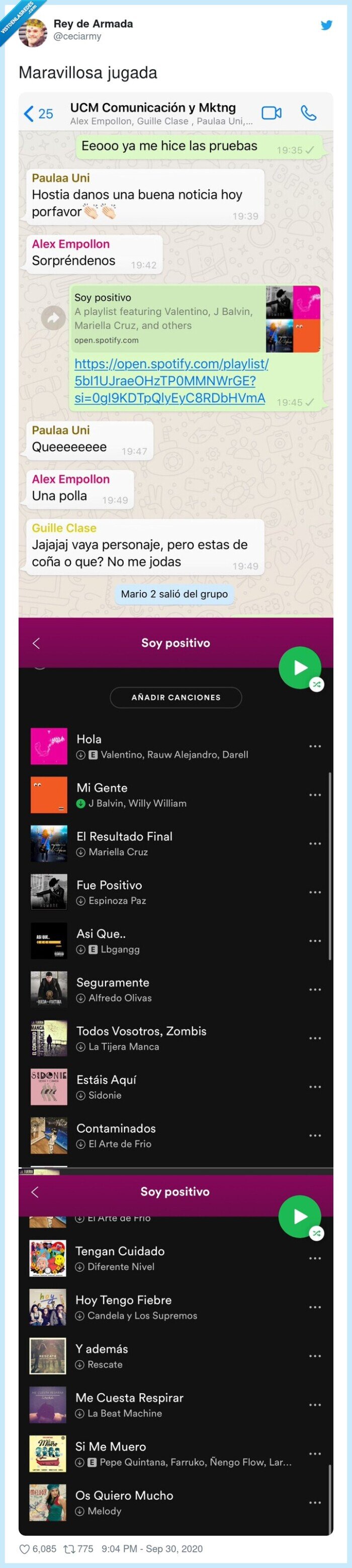 positivo,coronavirus,lista,spotify,whatsapp,compañeros,universidad