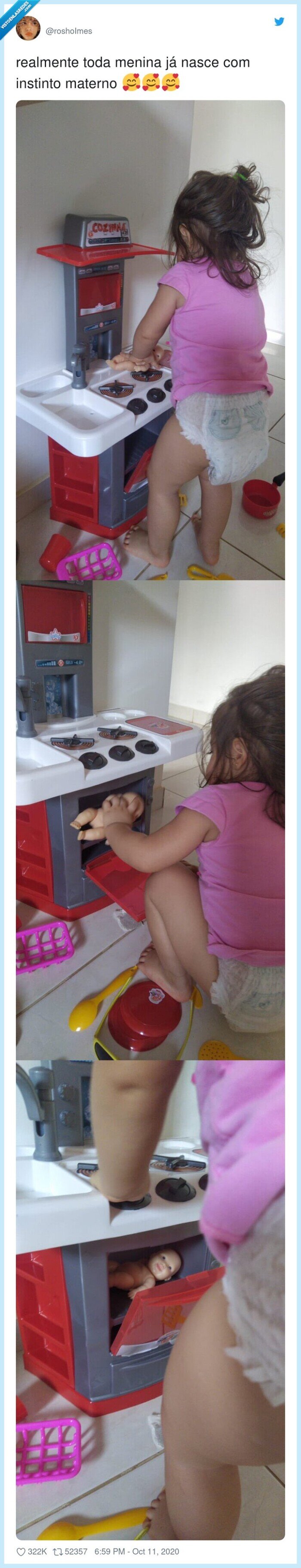 instinto,materno,niña,muñeco,horno