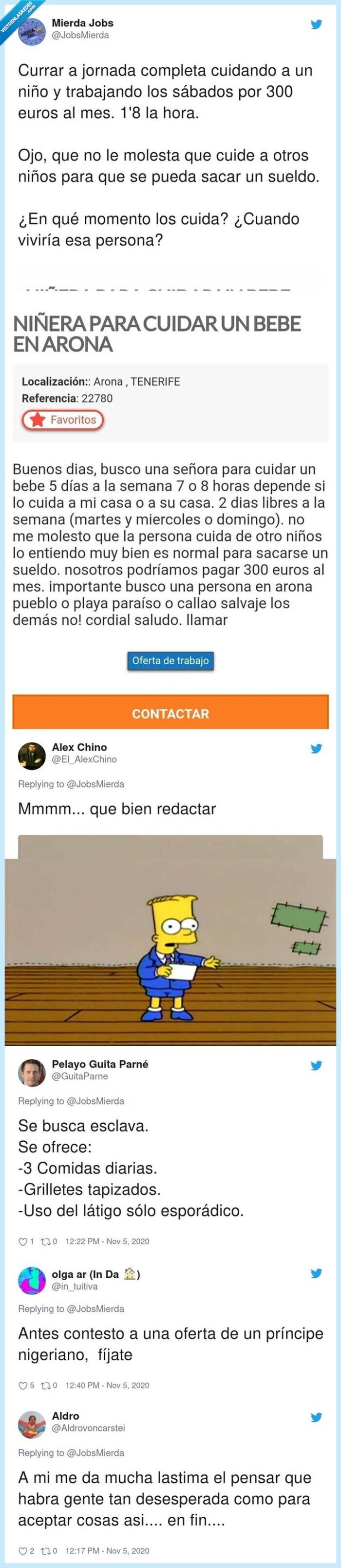 oferta,trabajo,cuidar,bebé,sueldo,lamentable,horario