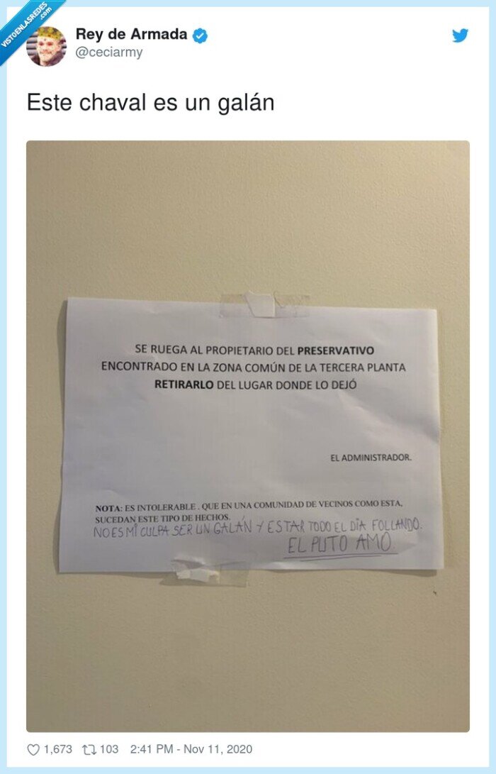 galán,chaval,condones,vecinos,queja,nota