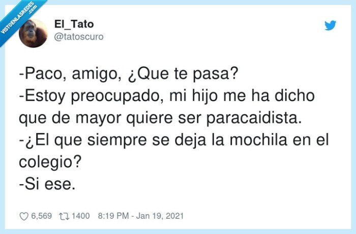 paracaidista,preocupado,colegio,mochila,hijo