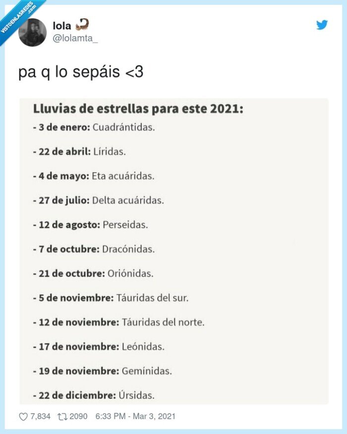 lluvias de estrellas,calendario