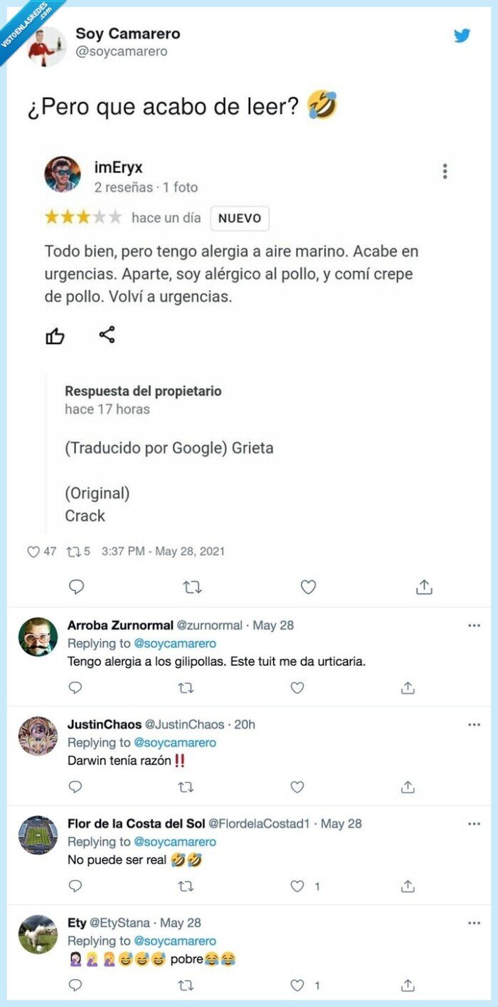 restaurante,crítica,pollo,alergia