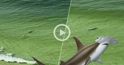 936444 - Un tiburón martillo va como un loco a atacar a este bañista despistado y en el último segundo cambia de opinión