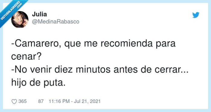 recomendar,camarero,cerrar,cenar,venir