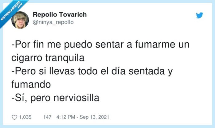 nerviosilla,tranquila,fumarme,cigarro,sentada,fumando