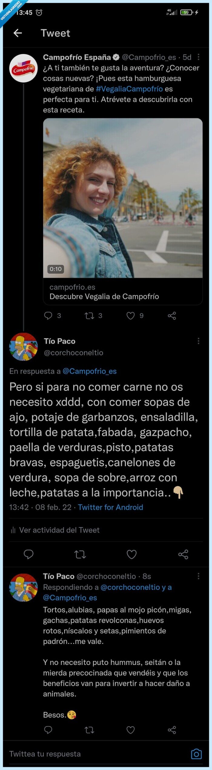 Twitter,CAMPOFRIO,vegetariano,vegano,carne,tío paco