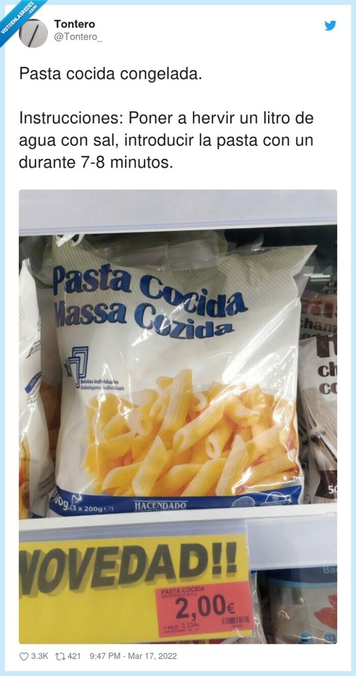instrucciones,introducir,congelada,pasta,mercadona,cocida