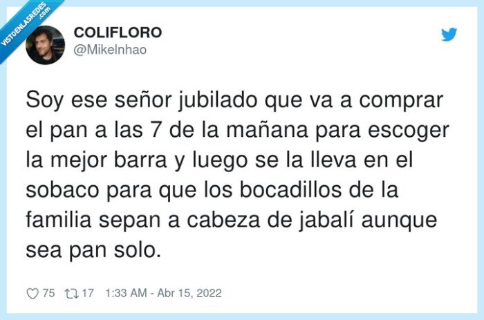 bocadillos,jubilado,comprar,jabalí,mañana,pan