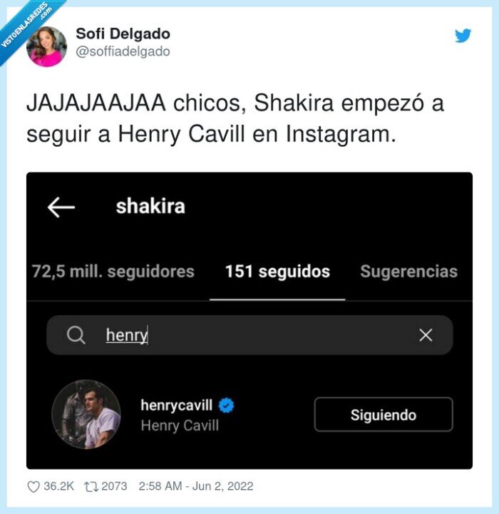 henry cavill,shakira,instagram,seguir