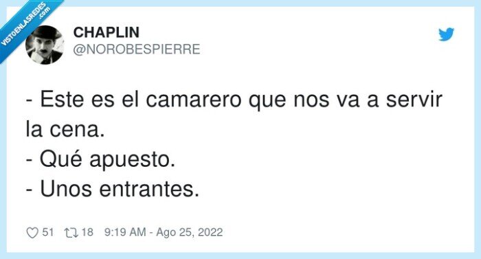 entrantes,camarero,apuesto,servir,cena