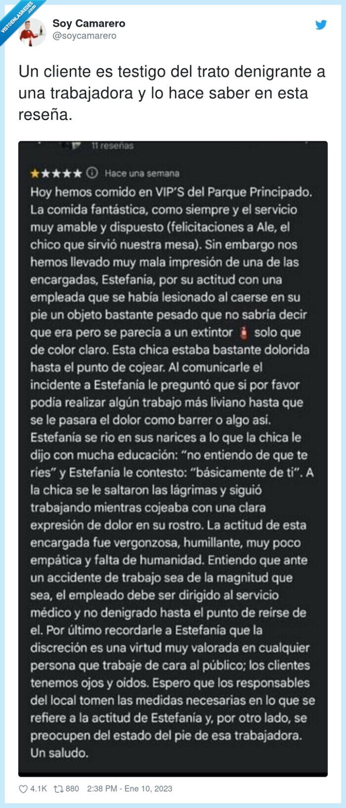 trabajadora,denigrante,cliente,testigo,reseña,trato