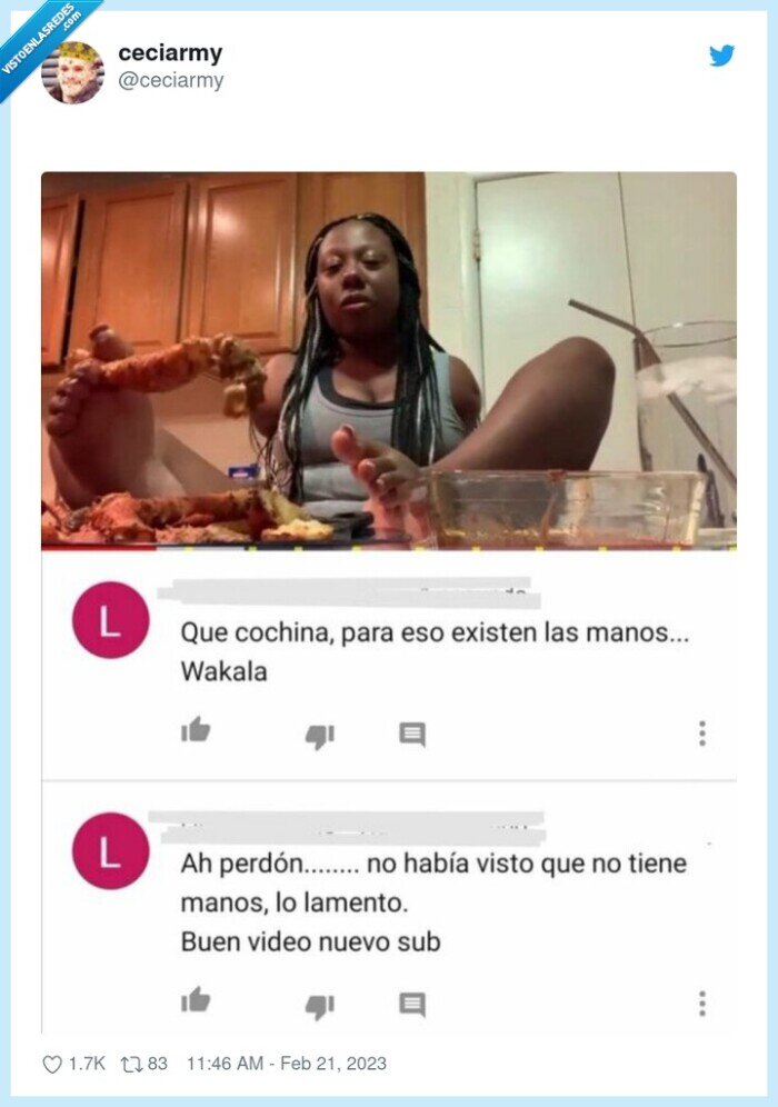 video,manos,manca,pies,comer