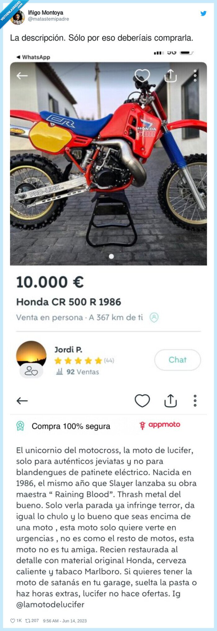 descripción,moto,honda cr 500,comprar