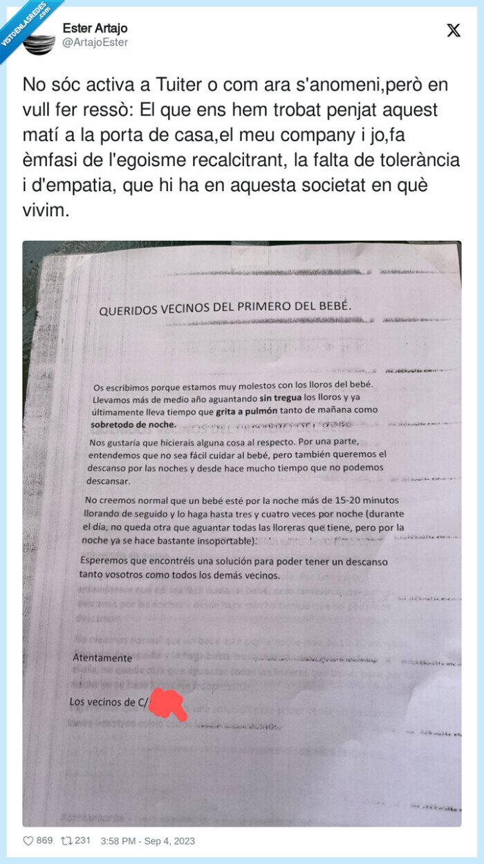 bebé,empatía,vecinos,cartel