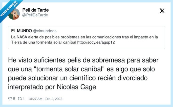 nicolas cage,nasa,impacto,tormenta solar canibal,solucionar,divorciado,sobremesa