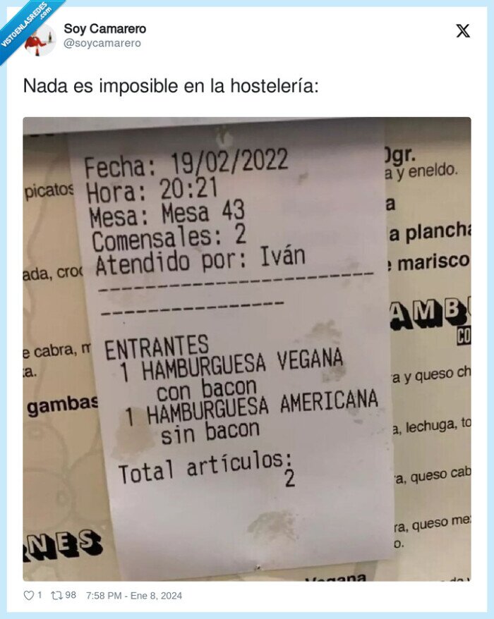 hostelería,imposible,ticket,hamburguesa,bacon,vegano