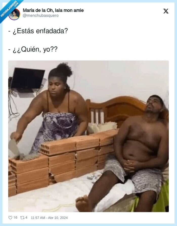 enfadada,cama,muro,ladrillos