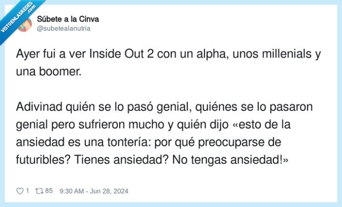 ansiedad,inside out,al reves,millenials,boomers,sufrir,genz