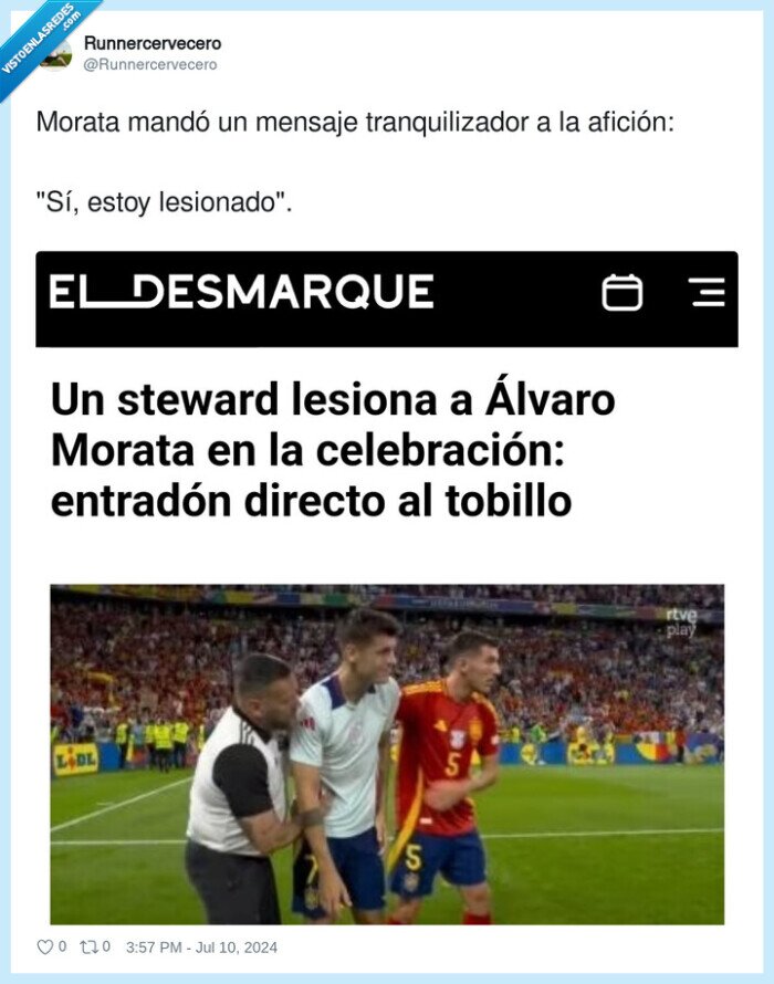 tranquilizador,lesionado,afición,mensaje,morata,steward,futbol,lesion,eurocopa