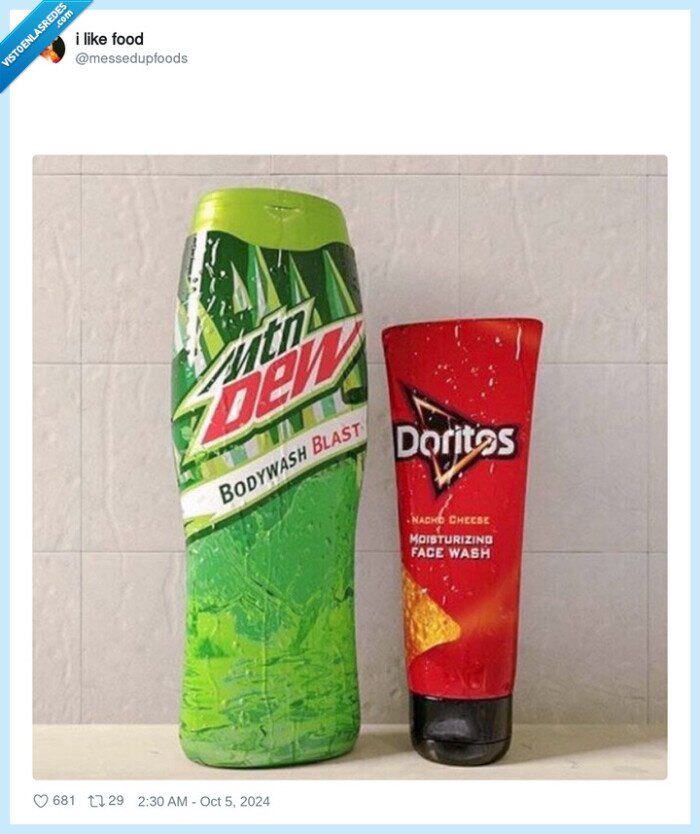 mountain dew,doritos,gel,facewash