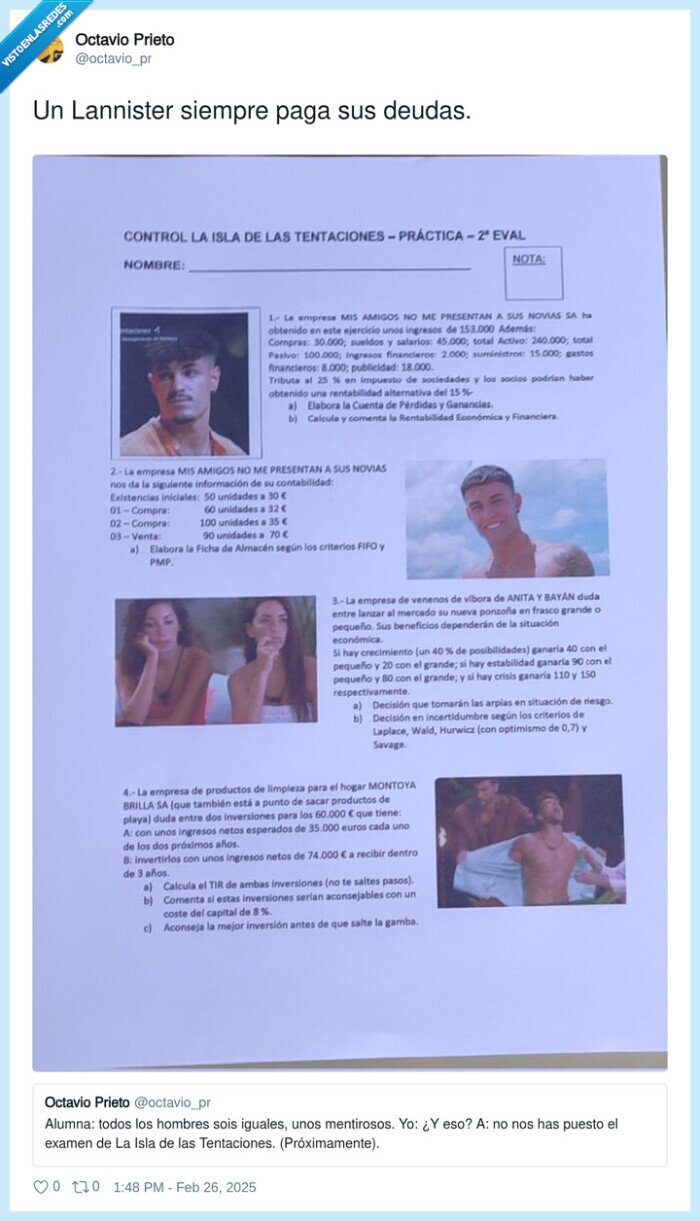 la isla de las tentaciones,montoya,examen