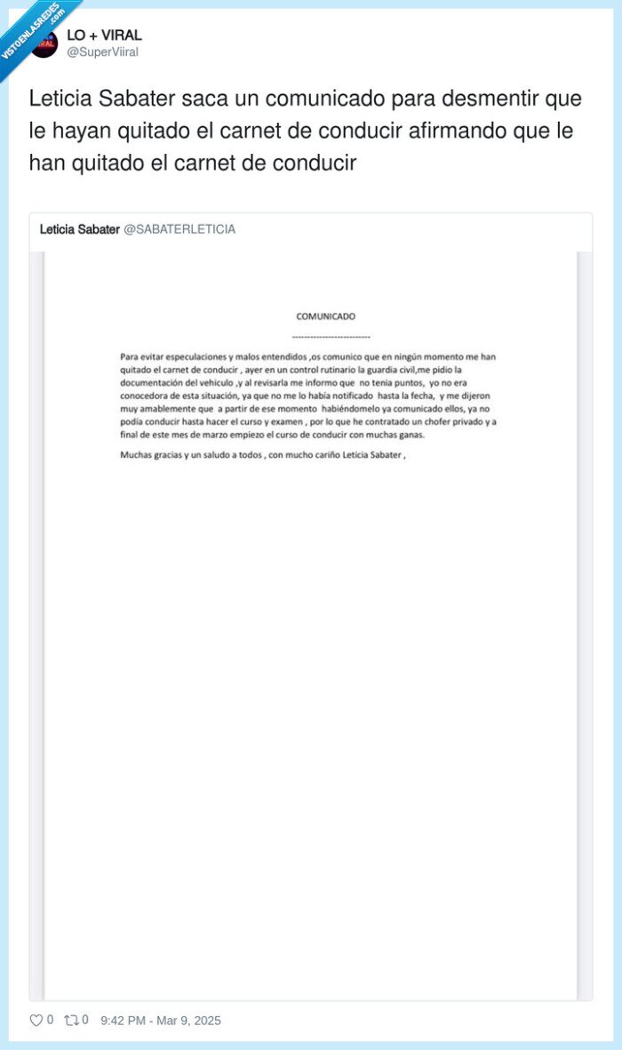 comunicado,desmentir,carne de conducir,leticia sabater
