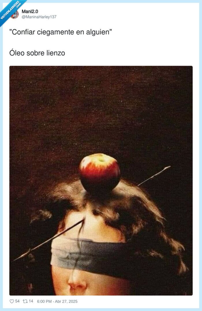 ciegamente,confiar,manzana,flecha,guillermo tell,óleo sobre lienzo