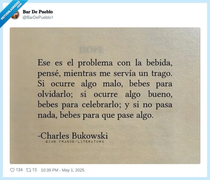 charles bukowski,problema,bebida,celebrar