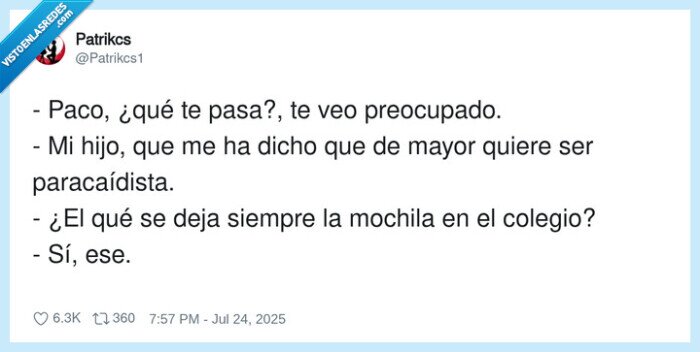 paracaídista,preocupado,colegio,mochila,olvidar