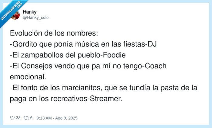 recreativos,streamer,marcianitos,foodie,zampabollos,coach,evolución