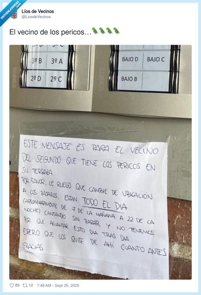 cartel,pericos,vecinos,ruido